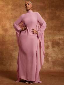 Vixey Đầm maxi dài tay cánh dơi cổ cao bằng vải chiffon màu nâu - Bụi hồng - Xem 2