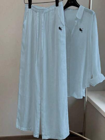 Franclia New Vintage Casual Linen Loose Drawstring Long Sleeve Solid Color Horse Embroidery Straight Leg Pants Women 2 Pieces Set