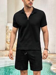 Mercer Haus Men's Summer Casual Solid Color Textured Fabric Half Zip Short Sleeve Polo Shirt & Shorts Set , Suitable For Summer Tropical Holiday Vacation In Hawaii. - Black - View 5