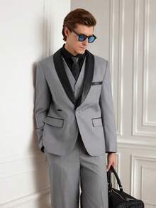 Officeau Set de 3 piezas de traje formal de negocios de hombre, compuesto por chaqueta, chaleco y pantalones, en unicolor y corte slim fit, para vestimenta formal de trabajo - Gris Claro - Ver 9