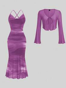 Sweetra Plus Size Casual Romantic Fish Tail Hem Dress And Cover Up 2 Pieces Set - Mauve Purple - View 1