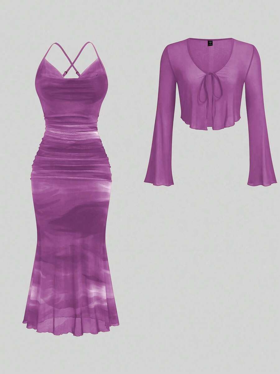 Sweetra Plus Size Casual Romantic Fish Tail Hem Dress And Cover Up 2 Pieces Set - Mauve Purple - View 1