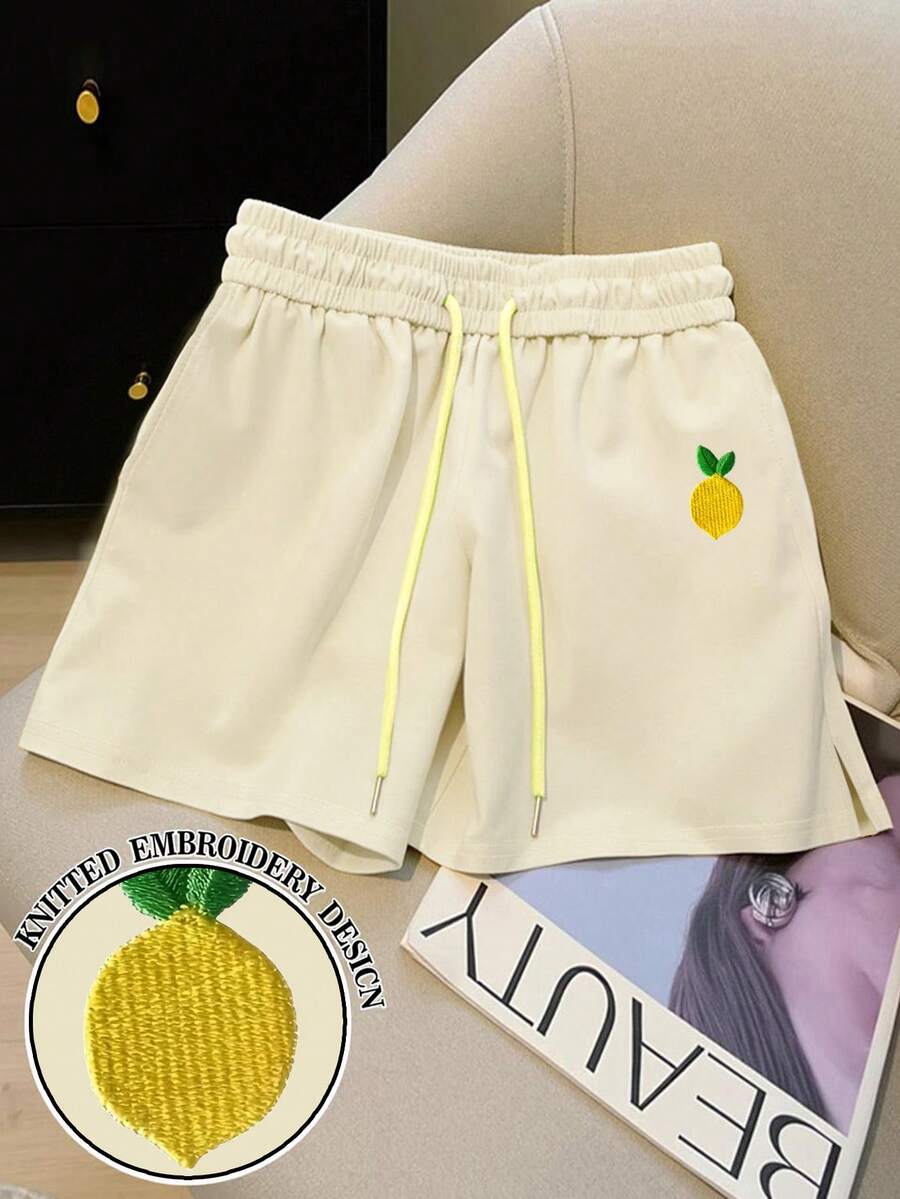 Resyla Celana Pendek Wanita Kasual Motif Lemon dengan Tali Serut - Kuning muda - View 1