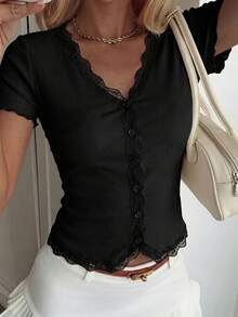 Livesso Black Lace Trim Fitted Cardigan, Suitable For Spring/Summer Vacation Outfits - Black - View 5