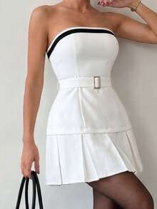 Franclia Women's Summer Elegant Black And White Strapless Bandeau Pleated Mini Dress,Graduation Formal Classy Tube Dress With Metal Buckle Waist Belt Decor - Black and White - View 4