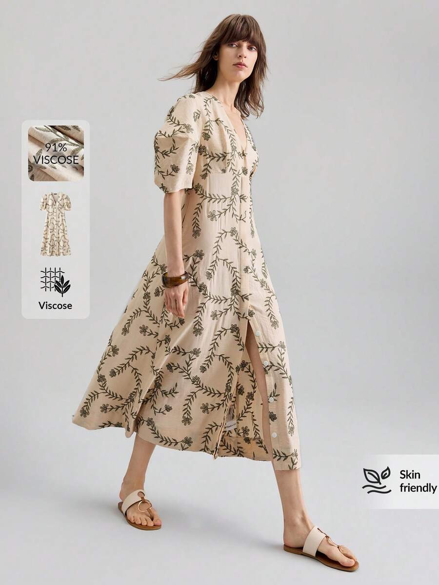 Ontre 女教师连衣裙，独立日主题，休闲廓形，舒适休闲风格，刺绣面料，V领，短袖，连衣裙，喇叭裙摆，收腰设计，灯笼袖，杏色面料，绿色刺绣，女式连衣裙，春夏服装，日常穿着，舒适休闲连衣裙，喇叭裙 - 杏色 - 查看 1