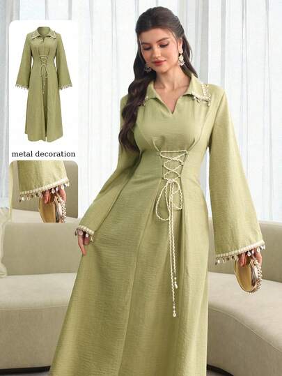 Al Najma Women's Spring/Summer Green Woven Long Sleeve Cinched Waist A-Line Sequin Drawstring Tie Elegant Romantic Arabic Dress Sage Green Beaded Collar Lace-Up Waist Flare Sleeve Midi Spring Wedding Guest Elegant Green Formal Midi Chic Collared V-Neck Lace-Up Waist Flare Sleeve Midi Dress Spring Wedding Guest Modest Elegant Outfit Bridesmaid Dress Spring Wedding Sage Green Premium Textured Woven Fabric Fitted Lace-Up Waist & Flowy A-Line Midi Skirt Maxi Dress Elegant Dresses For Women Casual Dress For W