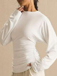 MUSERA Solid Cinched Ruched Waist Batwing Long Sleeve Top , Spring Fall , Casual Elegant Work Office Mother's Day - White - View 2