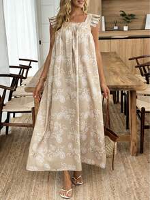 Louniche Đầm dài dáng rộng cho nữ, họa tiết thời trang, tay bồng, kiểu dáng thường ngày thoải mái cho kỳ nghỉ hè, đa năng cho cả mặc hàng ngày và đi chơi. - Màu Khaki - Xem 6