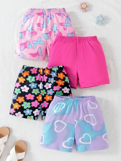 4 piezas Pantalones cortos para niñas con estampado de corazón teñido anudado, mariposa teñida anudada, estampado floral y parches de unicolor, versátiles para uso diario y al aire libre en verano