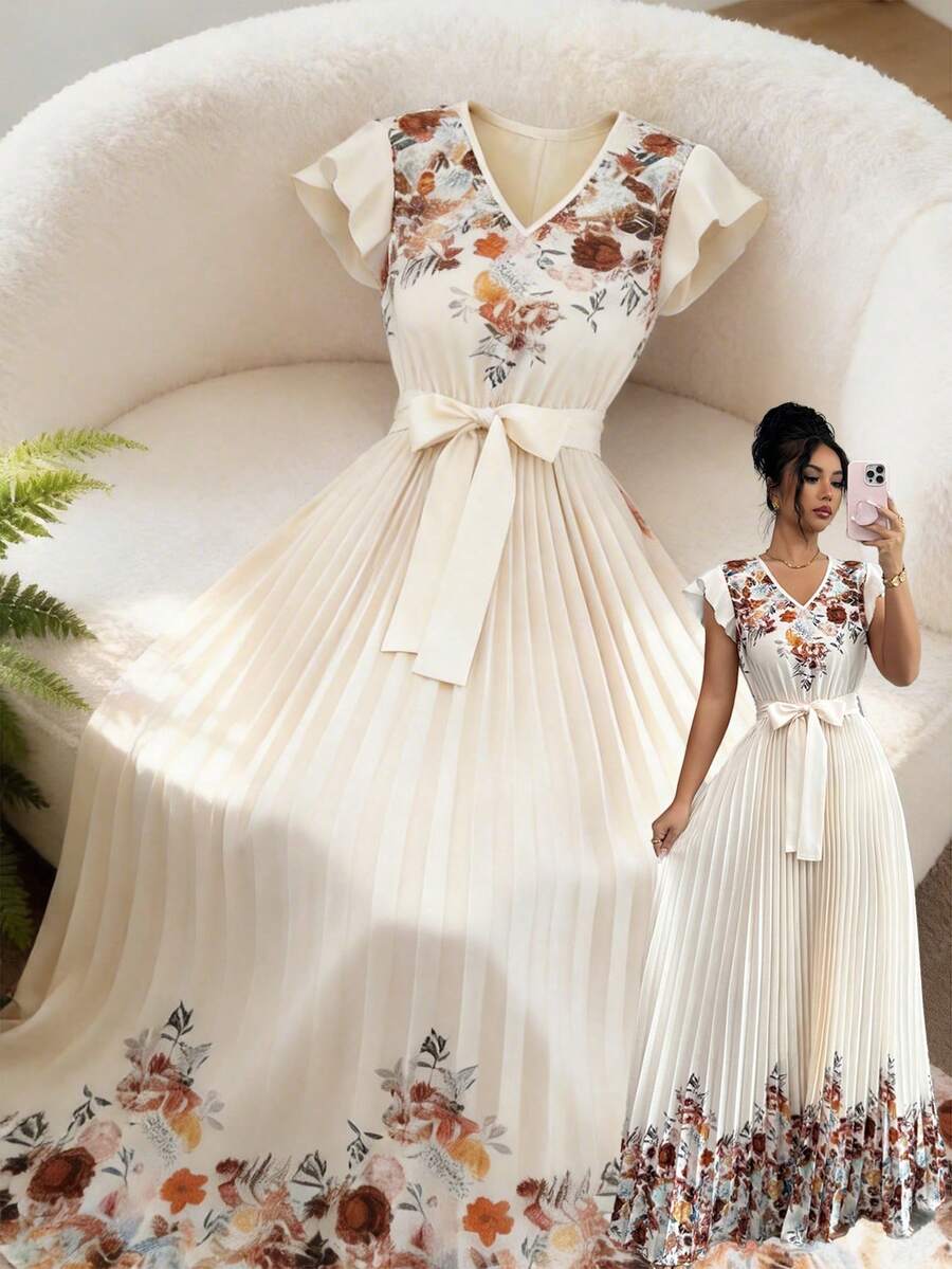 Lyxana Đầm xếp ly in họa tiết cổ điển phong cách nghỉ hè, đầm thường ngày không tay thắt eo. - Nhiều màu - Xem 1