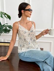 Serisse Women's Summer Vacation Casual Lace Patchwork Print Camisole Top - Baby Blue - View 6