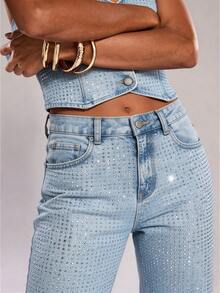 SHEIN BAE Jeans de mezclilla con incrustaciones de strass para mujer - Azul - Ver 3