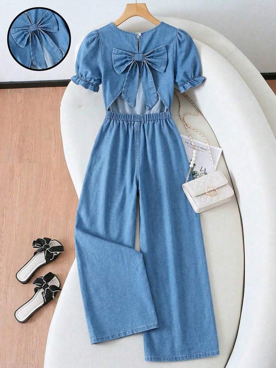 SHEIN Cute Tween Girl Aqua Blue Denim Jumpsuit,Summer Round Neck Ruffle Back Bow Decor Fashionable Casual Kids School Clothes,Country Concert Boho Outfit - Medium Wash - View 1