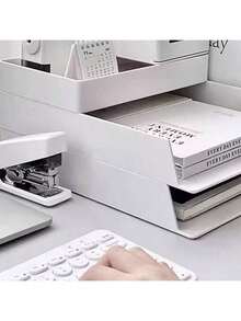 1PC, Desktop Stackable Storage Box, Office Pull-Out File Storage Box A4 Storage Box Desktop Plastic Drawer Stationery Holder Pen Holder - White - View 5