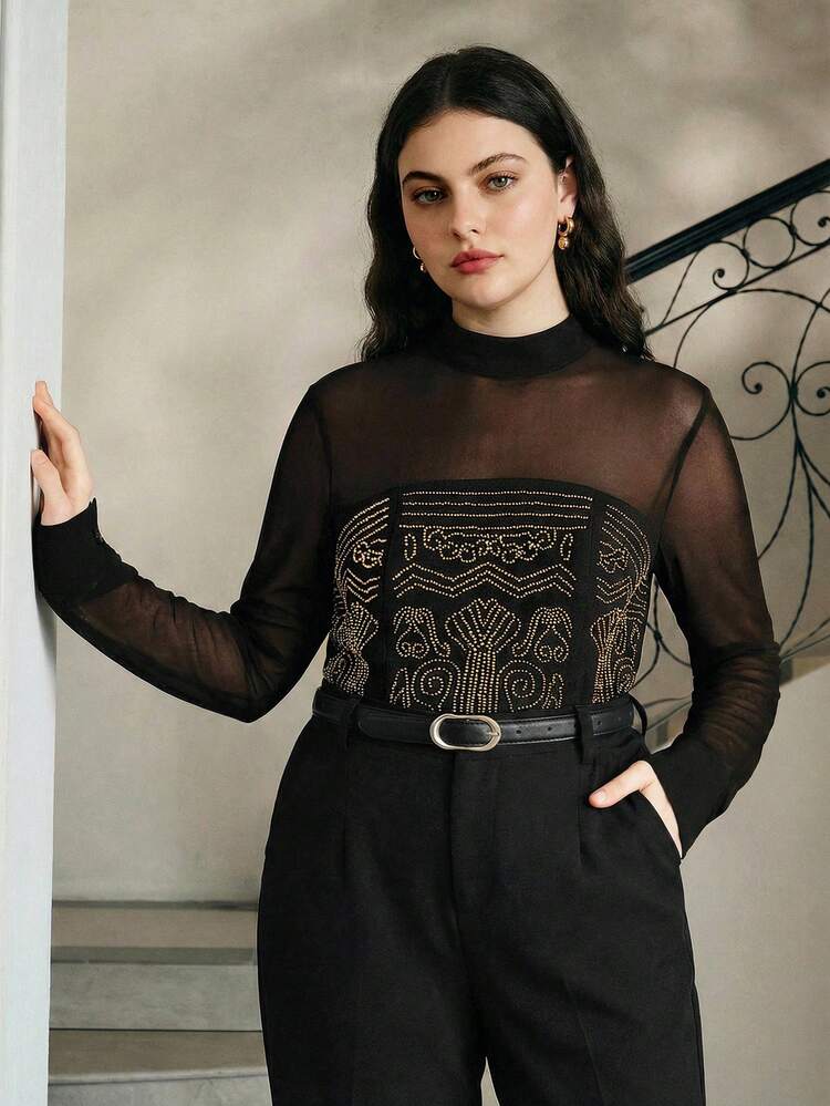 Plus Size Women's Fashionable Elegant Rhinestone Decor Mesh Splice Stand Collar Long Sleeve Zipper Back Cardigan Top