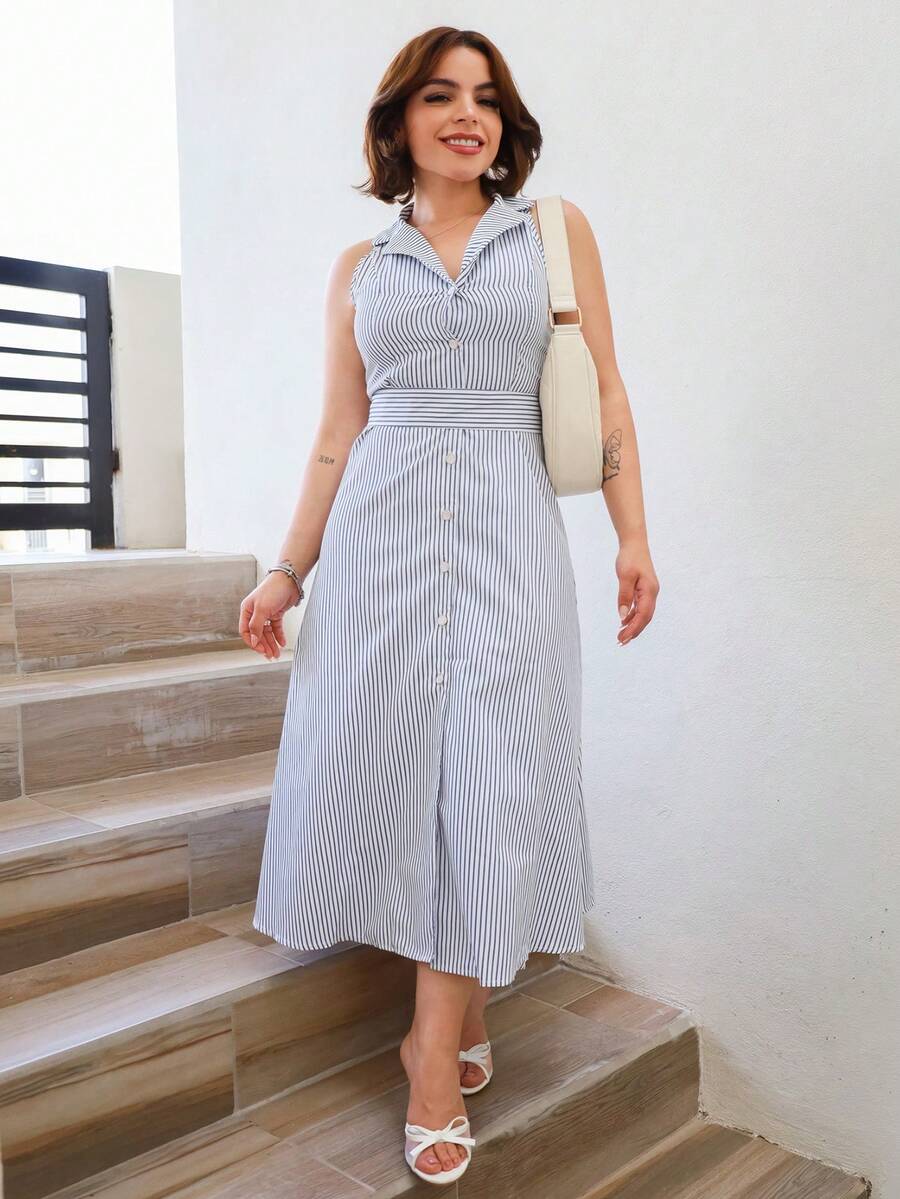 Lupita Cardoza Women's Elegant Striped Casual/Work Commute Dress Party - Blue and White - View 1