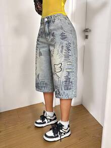 StreetHx 女士时尚休闲百搭复古街头风七分牛仔裤 - 中等水洗藍 - 查看 3