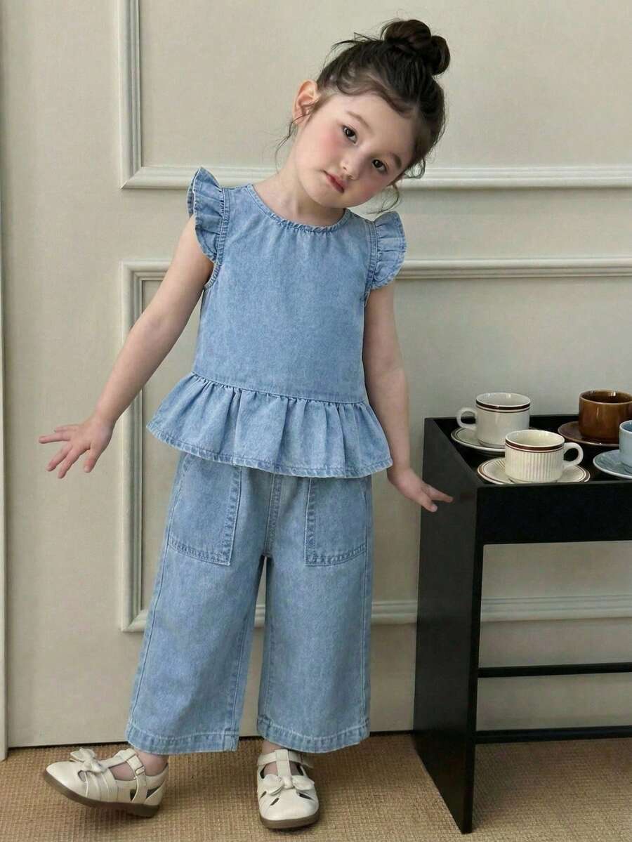 女童休闲时尚简约水洗蓝牛仔套装 - 藍色 - 查看 1