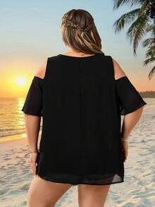 SHEIN CURVE+ Plus Size Women's Summer Vacation Casual Solid Color Off-Shoulder Short Sleeve Blouse - Black - View 2