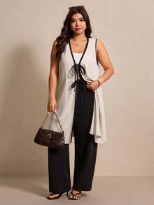 Elaquor Plus Size V-Neck Sleeveless Long Shirt,Women's Summer Tunic Vest With Contrast Color Collar And Front Tie,Black,Smart Casual,Everyday Fashion Blouse - Apricot - View 4