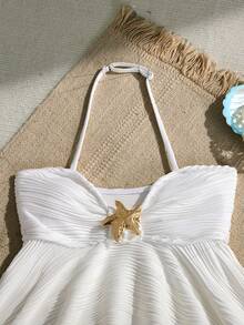 SHEIN 少女纯色金属装饰吊带背心式上衣和三角背心式泳裤两件套泳衣，适合夏季海滩度假 - 杏色 - 查看 3