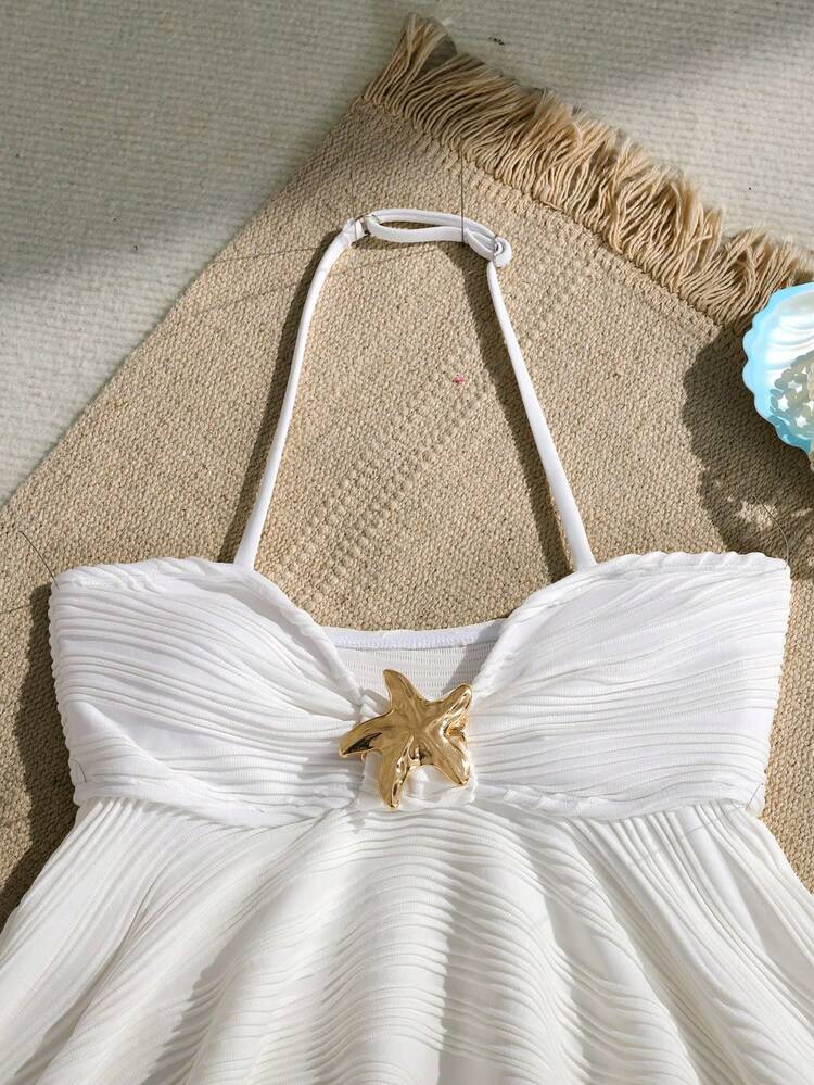 SHEIN 少女纯色金属装饰吊带背心式上衣和三角背心式泳裤两件套泳衣，适合夏季海滩度假 - 杏色 - 查看 3