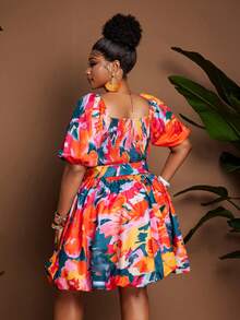 Maweii Plus Size Sexy Square Neck Ditsy Floral Vacation Style Petal Sleeve Dress - Orange - View 6