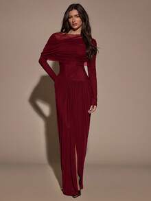SHEIN BAE 女士优雅撞色网纱荷叶边长袖连衣裙，春夏款 - 酒紅色 - 查看 7