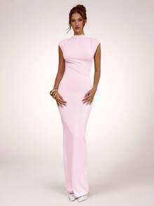 SHEIN BAE Apricot Asymmetric Ruched Bodycon Dress, Elegant Basic Minimalist Long Dress, Spring/Summer,Summer Dresses For Women - Coral Pink - View 3