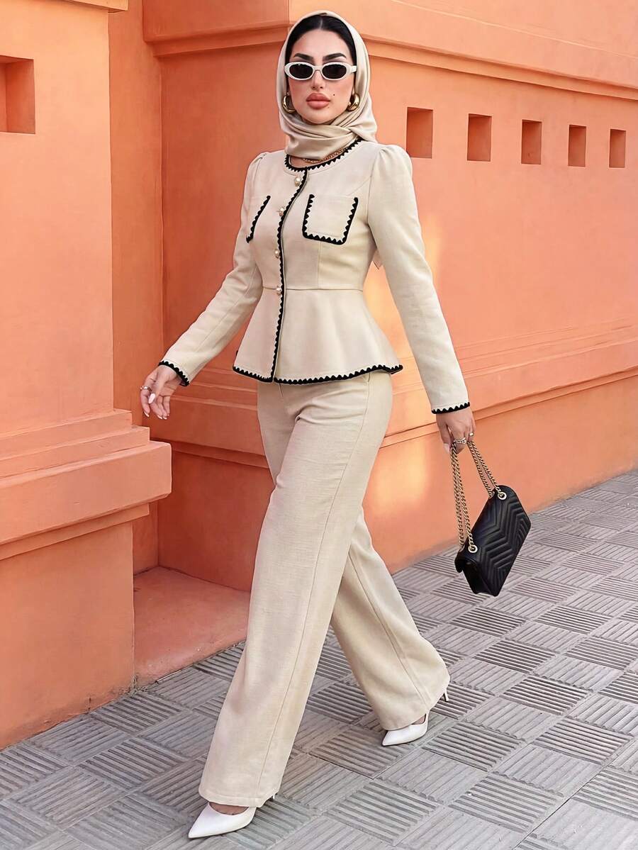 Elenzga Autumn/Winter New Arrival Long Sleeve Tweed Round Neck Cinched Waist A-Line Elegant Commuter Versatile Shirt & Pants 2 Pieces Set - Apricot - View 1