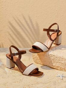 Styleloop Giày sandal đế vuông đế giữa, thoải mái, dễ chịu cho nữ, chất liệu vải dệt và da PU, thiết kế quai hai tông màu, phù hợp để mặc hàng ngày, dự tiệc, phong cách Boho, phương Tây, lễ hội âm nhạc - màu nâu - Xem 3