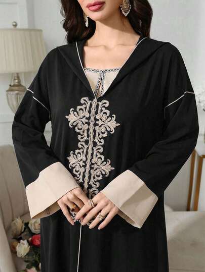 Al Najma Đầm dáng rộng kiểu Ả Rập thanh lịch dành cho nữ, họa tiết hoa phối màu, tay loe, thích hợp cho mùa xuân và mùa thu.