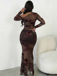 SHEIN Allurite 女士提花网纱不对称肩部长袖上衣和修身中长裙两件套 - 棕色 - 查看 7