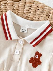 SHEIN Playful Pals 女婴休闲简约翻领字母印花连体衣，春夏款 - 白色 - 查看 4