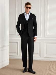Officeau Caelus 男士修身商务休闲西装三件套 外套 西裤 马甲 男士婚礼新郎婚礼西装外套 长裤 马甲 - 黑色 - 查看 2