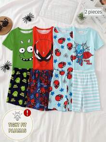 SHEIN GraphicGems 男童时尚可爱卡通印花圆领套头衫搭配卡通印花长裤，针织弹力修身休闲白色短袖短裤两件套睡衣套装 - 彩色 - 查看 1