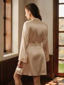 SilkySpell 女士长袖蕾丝拼接系带睡袍吊带睡裙套装真丝睡衣，秋冬服装 - 香檳色 - 查看 2