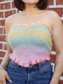 Lupita Cardoza Gradient Color Ruffled Trim Knitted Strapless Crop Top, Comfortable Vacation/Music Festival/Bohemian/Holiday Style, Suitable For Date, Afternoon Tea For Valentine's Day,Going Out Top - Multicolor - View 3