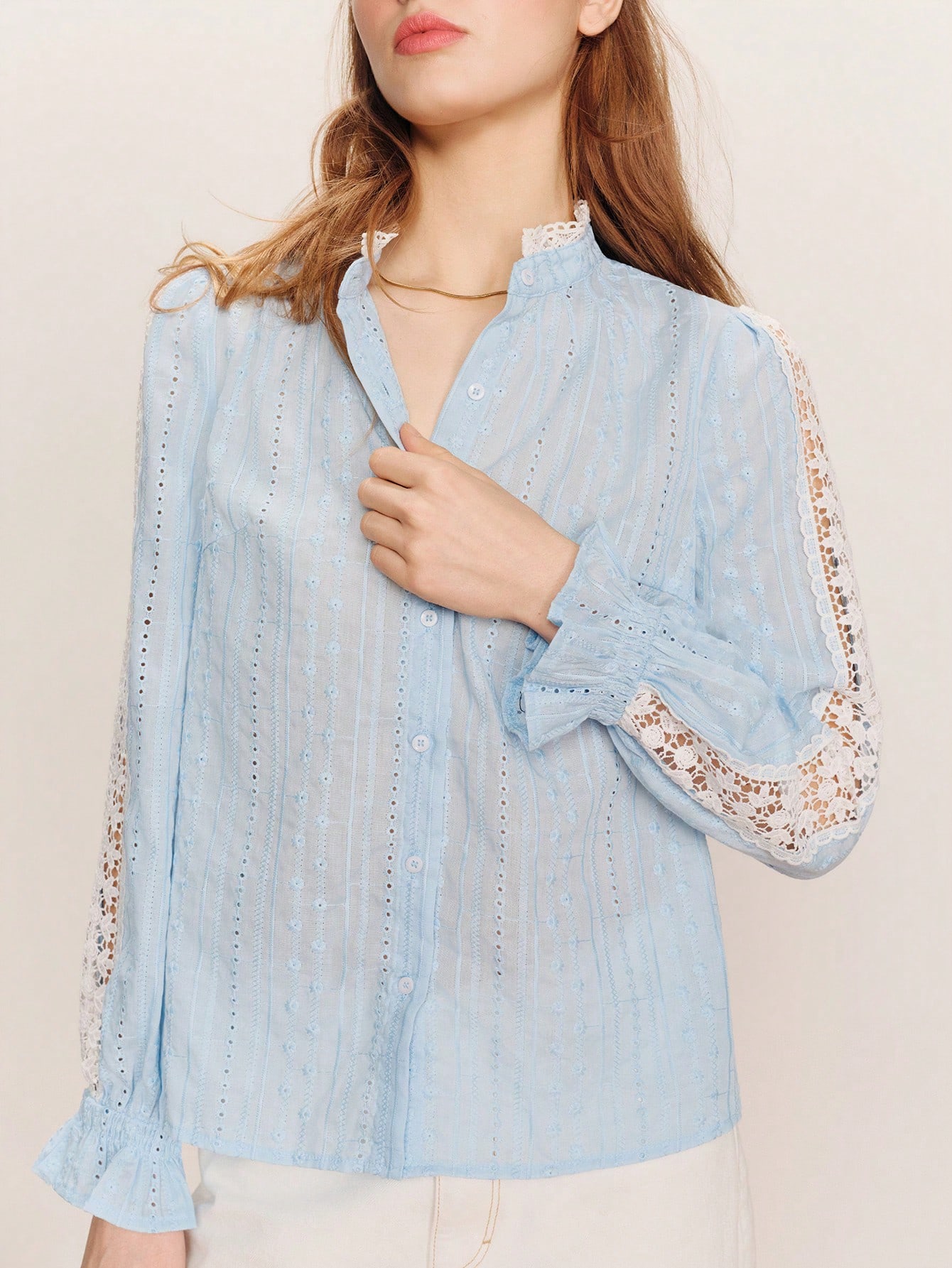 Blue Loose Fit Broidery Blouse With White Lace Trim Details, Wear To Work Blouse, All Seasons
