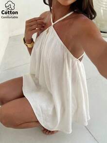 Aloruh 女士新款性感露背雪纺连衣裙/白色迷你裙/沙滩度假连衣裙/伞裙/婚礼季服装/华丽迷你连衣裙 - 白色 - 查看 6