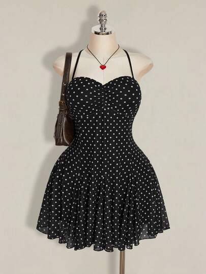 SHEIN ICON Đầm mùa hè dáng chữ A chấm bi lưới, xếp ly phía trước, cỡ lớn, phong cách vintage Y2K, thích hợp cho kỳ nghỉ hè, du lịch, mặc hàng ngày và hẹn hò. Đầm pin-up nữ, đầm chấm bi đen, đầm tốt nghiệp.