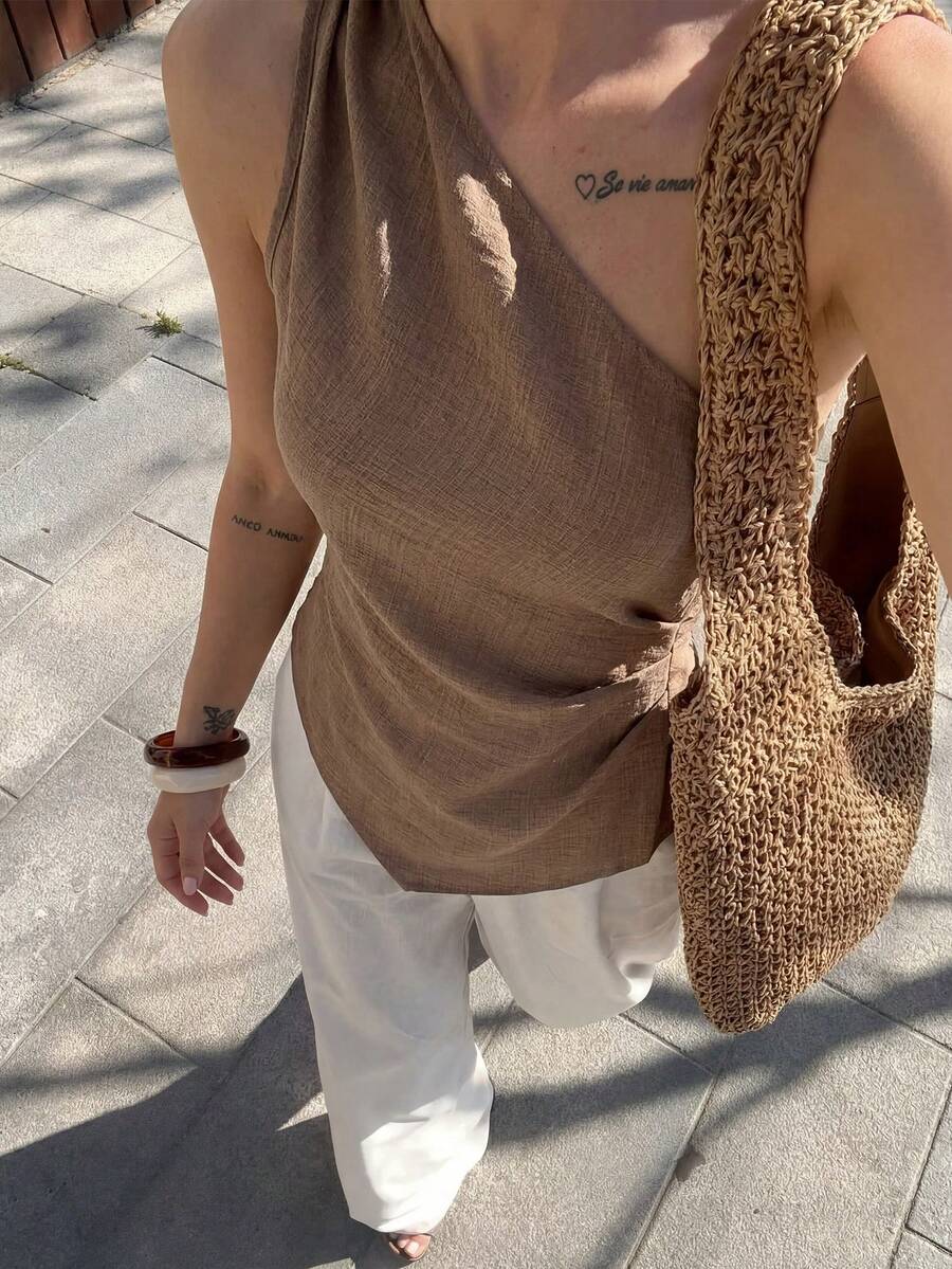 Firerie Áo kiểu nữ thanh lịch tối giản, màu nâu nhạt kaki, dáng ôm, vai lệch, xếp ly, vạt áo lệch, thích hợp mặc đi nghỉ mát, thời trang, đa năng, trang phục sân bay, phong cách quý tộc cổ điển, trang phục công sở. - màu nâu - Xem 1