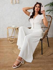 Mono Palazzo Elegante Liso Con Volantes Para Mujer De Hueco Y Empalme De Encaje Para Primavera y Verano - Blanco - Ver 4
