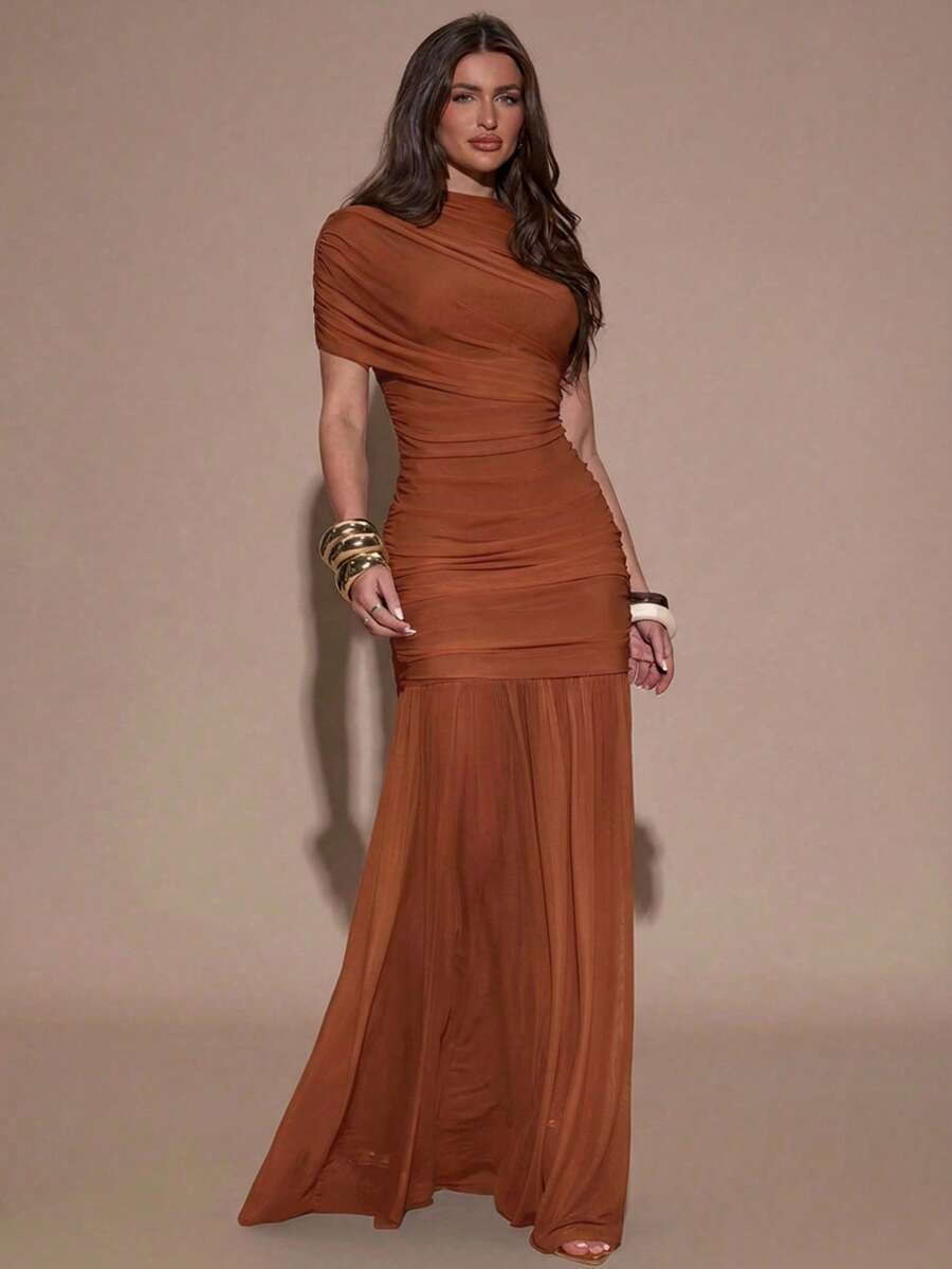 SHEIN BAE Đầm xếp ly thanh lịch, thích hợp cho tiệc cocktail, hẹn hò lãng mạn, mặc nhiều lớp vào mùa thu/đông, dự tiệc, họp mặt trang trọng, váy Halloween, váy Giáng sinh. - Rỉ Nâu - Xem 1