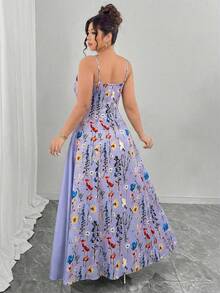 Elenzga Plus Size Watercolor Floral Print Crew Neck A-Line Asymmetric Hem Slip Dress, Elegant For Valentine's Day Outing, Party, Afternoon Tea, Vacation - Mauve Purple - View 2
