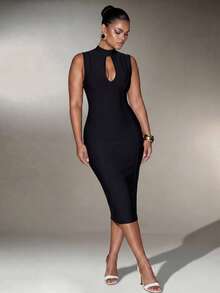 Nuvra Plus Size Slimming Mock Neck Cutout Sleeveless Bodycon Bandage Cocktail Dress - Black - View 5