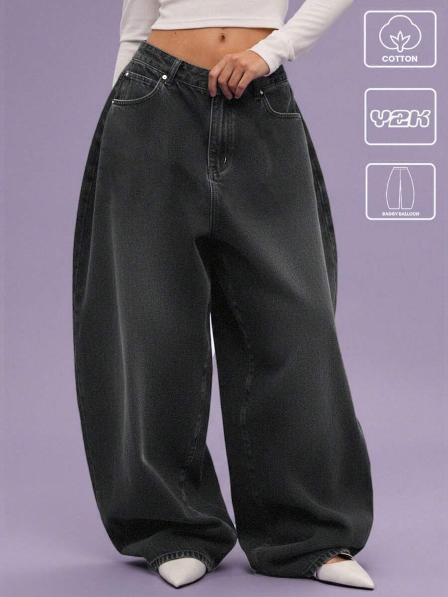 COUREZ Low Rise Baggy Balloon Fit Jeans In Grey Wash/Y2K Summer Clothes For Women Outfits Blue Oversized Festival Concert Spring - Grey - View 1