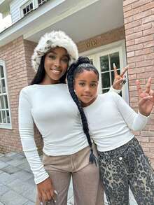 SHEIN Áo thun dài tay cổ tròn màu trắng ngà cho bé gái tuổi teen, kiểu dáng thường ngày, thích hợp mặc mẹ và bé (2 chiếc bán riêng lẻ) Thu Đông - trắng - Xem 5