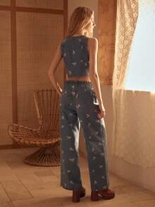 MOTF STUDIO 牛仔刺绣碎花背心外套和阔腿牛仔裤套装 - 藍色 - 查看 7